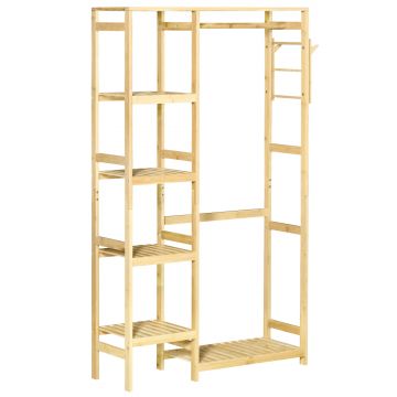 Suport de Haine de Podea din Lemn de Bambus, Suport pentru Haine cu Rafturi Laterale pentru Hol si Dormitor, 90x30x155cm HOMCOM | Aosom Romania