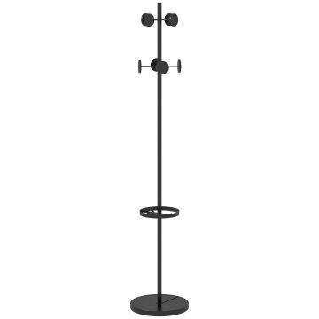 HOMCOM Suport pentru Haine și Umbrele, Cuier Independent cu 8 Carlige Rotunde pentru Haine, Pălării și Poșete, Φ34x177 cm, Negru | Aosom Romania