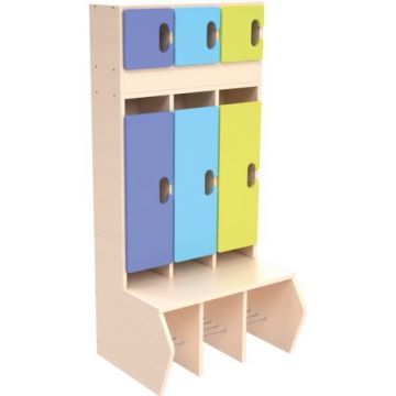 Vestiar Chameleon pentru gradinita, 3 compartimente, culoare artar, usi albastru-verde cu inchidere silentioasa