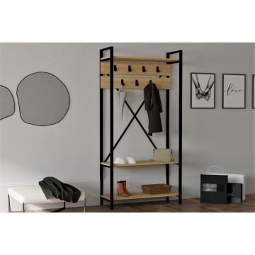 Cuier haine cu rafturi Model Alfa, Stejar, 90x34x180 cm