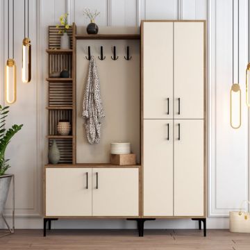 Cuier hol cu dulap Model ViyanaDA, Nuc/Crem, 150x35x200 cm