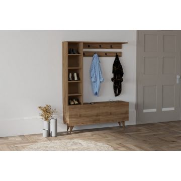 Cuier hol cu dulap si rafturi Model Hale, Nuc, 120x32x161.8 cm