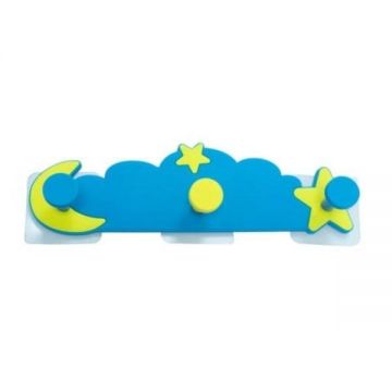 Cuier plastic soft montaj perete camera copii, Norisor albastru, 3 carlige, 275x75x50 mm