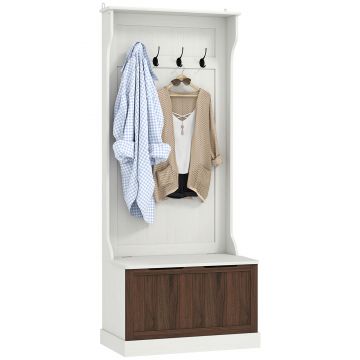 HOMCOM Cuier de Intrare 3 în 1 cu 4 Cârlige, Etajeră pentru Pantofi și Bancă Depozitare, 71,5x39,5x170 cm, Maro | Aosom Romania