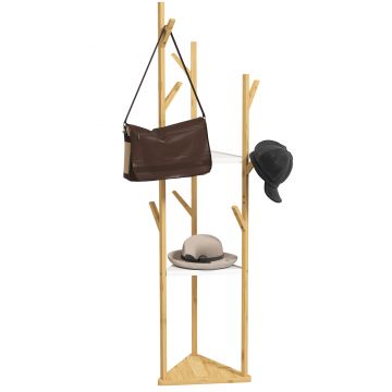 HOMCOM Cuier de Podea din Bambus în Formă de Copac cu 8 Cârlige și 3 Rafturi, 45x45x170 cm, Alb | Aosom Romania