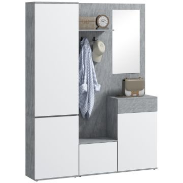 HOMCOM Mobilier 4 în 1 cu Oglindă, Cuiere și Rafturi Interioare Reglabile, Mobilier Multifuncțional, 145x29x184 cm, Gri | Aosom Romania