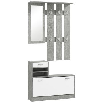 HOMCOM Mobilier Hol, 3 piese, cu Raft pentru Haine, Oglindă, 6 Cârlige, 2 Rafturi și Sertare, 90x24x177 cm, Gri | Aosom Romania