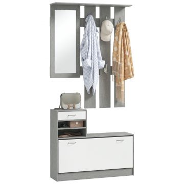 HOMCOM Mobilier pentru Hol cu Raft pentru Încălțăminte, Oglindă, 6 Cârlige, 2 Rafturi și Sertare, 90x24x177 cm, Gri | Aosom Romania