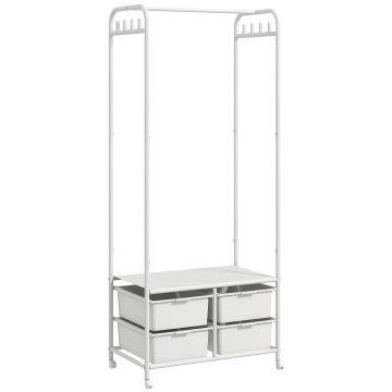 HOMCOM Suport Cuier cu Rafturi pentru Pantofi și 4 Coșuri, Cuier Intrare din Oțel și Plastic, 8 Agățători, 63x37x153 cm, Alb | Aosom Romania