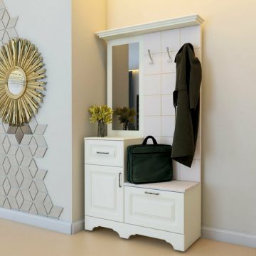 Cuier Boston tapițat, sertare și oglindă incluse, MDF și PAL, 113.5x43x205 cm, ivoire