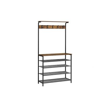 Cuier cu bancuta si suport pantofi Model Black, Maro Rustic/Negru, 80 x 31.5 x 183.5 cm