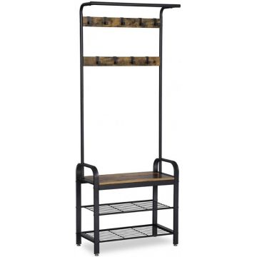 Cuier cu bancuta si suport pantofi Model Clay, Maro Rustic/Negru, 183x72x33.7 cm