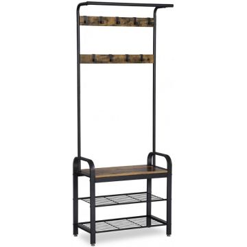 Cuier cu bancuta si suport pantofi Model Clay, Maro Rustic/Negru, 183x72x33.7 cm