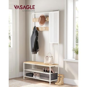 Cuier cu bancuta si suport pantofi Model Glass, Natur/Alb, 98×35×180 cm