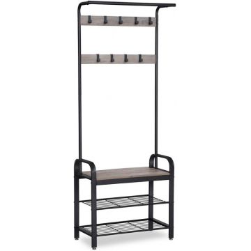 Cuier cu bancuta si suport pantofi Model Medrano, Negru/Bej, 183x72x33.7 cm