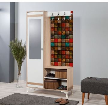 Cuier hol cu dulap Model Atkins, Alb/Pin/Multicolor, 100x36x190 cm
