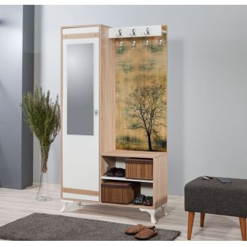 Cuier hol cu dulap Model Ayers, Alb/Pin/Multicolor, 100x36x190 cm