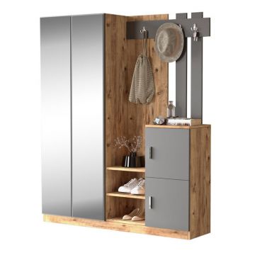 Cuier hol cu dulap Model Cordova, Gri Inchis/Stejar sonoma, 147.5x35x180 cm Cuier hol cu dulap Model Cordova, Gri Inchis/Stejar sonoma, 147.5x35x180 cm
