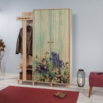Cuier hol cu dulap Model GARMANTO, Stejar sonoma/Multicolor, 135x36x194 cm