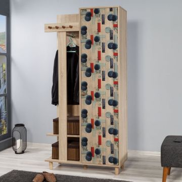 Cuier hol cu dulap Model Garmanto, Stejar sonoma/Multicolor, 90x36x194 cm