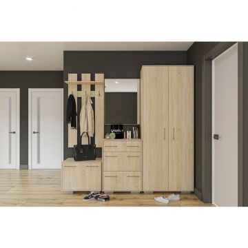 Hol Nika Sonoma, set mobilier hol cu dulap și pantofar, structură PAL melaminat, 220x90x45 cm, Sonoma