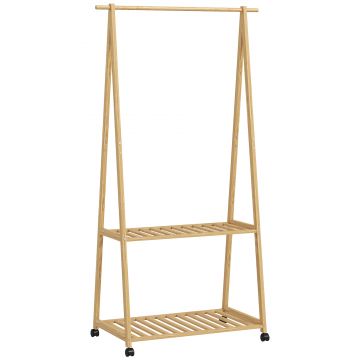 HOMCOM Cuier din Bambus cu Raft pentru Încălțăminte, 2 Cârlige, Cuier Mobil pentru Hol, Sufragerie, Natural | Aosom Romania