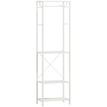 HOMCOM Cuiere de Intrare cu Suport pentru Încălțăminte, Bară pentru Haine, 4 Cârlige, Raft Superior și 2 Rafturi pentru Încălțăminte, 52x30x180 cm, Alb | Aosom Romania