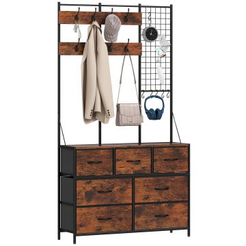 HOMCOM Mobilier de intrare 4 în 1, portmanteau, vestiar cu 7 sertare din material textil și 14 cuiere, 100 x 30 x 183 cm, brun rustic | Aosom Romania