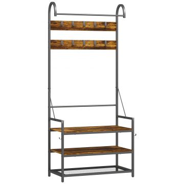 HOMCOM Suport de Haine de Intrare cu Bară, 10 Cârlige Mobile, Bancă și Raft pentru Încălțăminte, Mobilier în Pal și Metal, Design Industrial, 80x40x182 cm, Maro și Negru | Aosom Romania