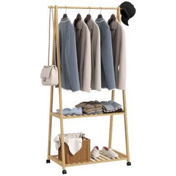 HOMCOM Suport pentru Haine din Bambus cu Roți 2 Rafturi Deschise și 2 Găuri 84,5x43,5x158 cm Natural | Aosom Romania
