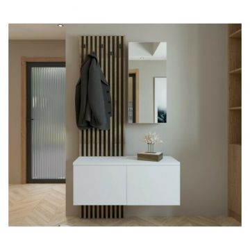 Set Cuier Rebeca, design modern cu riflaj decorativ, spații multiple de depozitare, PAL melaminat, 100x40x200 cm, Alb cu Stejar