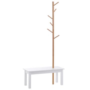 Banca cu Cuier in Bambu, Culoare Alb si Lemn, 80x30x180cm