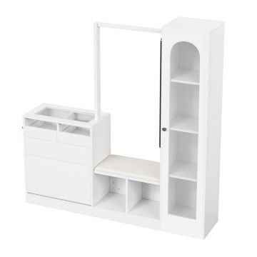 Combinație 6-în-1 pentru intrare cu iluminare LED, set cuier, masă de toaletă, bancă pentru pantofi, dulap rabatabil pentru pantofi și vitrină din sticlă, 163x35x161 cm, Alb
