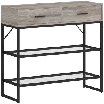 Consola de Intrare cu 2 Sertare, 2 Rafturi din Plasa si Carlig Lateral, Consola in Lemn si Metal, Masuta de Intrare pentru Dormitor, 100x35x92 cm, Gri