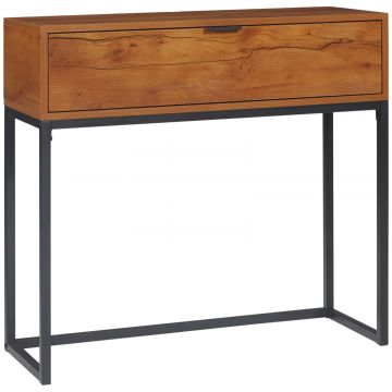 Consola pentru hol cu sertar, masa consola din lemn cu picioare din otel, 80x30x76cm, maro si negru