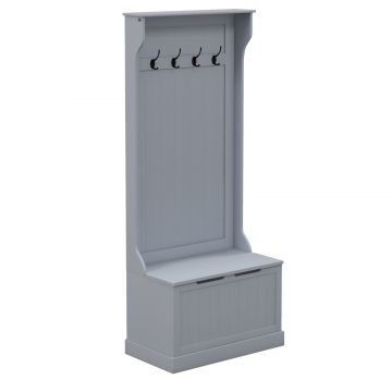 Cuier 3 in 1 cu 4 carlige si banca cu spatiu de depozitare, din lemn, 71,5x39,5x170 cm, gri