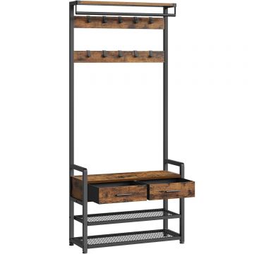 Cuier cu polite de depozitare pantofi si 2 sertare, cadru din otel, stil industrial, 30x80x182cm, maro rustic
