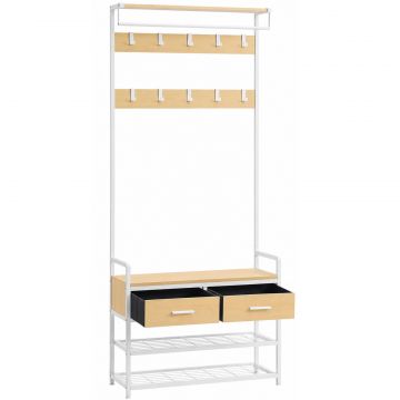 Cuier cu polite de depozitare pantofi si 2 sertare, cadru din otel, stil industrial, 30x80x182cm, stejar auriu si alb