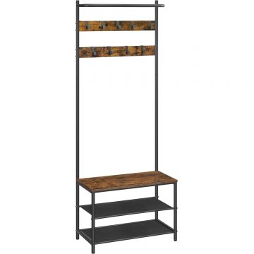 Cuier cu rafturi depozitare pantofi si a  a  bara suspendata, industrial, 32x64x180 cm, maro rustic si negru
