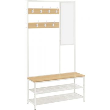 Cuier cu rafturi depozitare pantofi si a  a  oglinda, industrial, 35x98x180 cm, maro stejar si alb