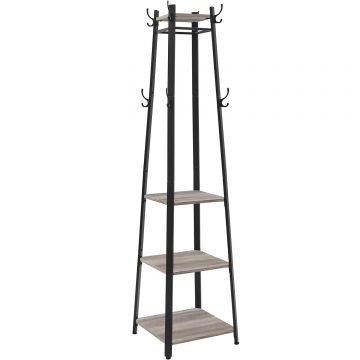Cuier de haine cu 3 rafturi, suport cu carlige, din otel, 43x43x180 cm, stil industrial, gri si negru