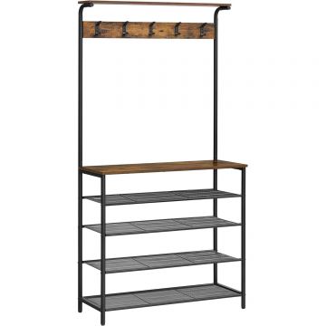 Cuier de hol cu depozitare pentru pantofi, 5 niveluri, 5 carlige duble, raft, 80x31x183cm, industrial, maro rustic si negru