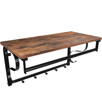 Cuier de perete cu raft de depozitare si sina, 5 carlige, 30x60x32 cm, maro rustic