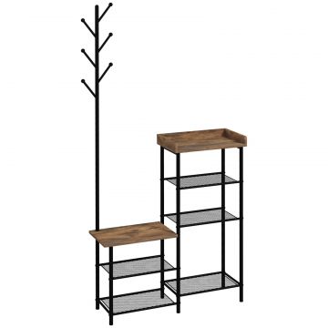 Cuier de Podea cu 6 Agatatori din PAL si Otel cu Dulap pentru Pantofi si Depozitare, 92.5x28.2x182 cm