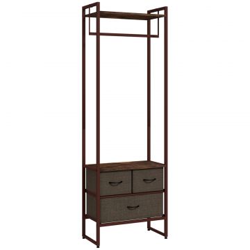 Cuier de Podea cu Bara, 3 Sertare si Rafturi, din Lemn MDF si Otel, 58,5x30x178 cm, Maro
