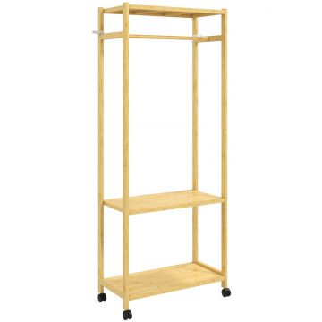 Cuier de Podea cu Bara si 4 Roti, Economisire Spatiu, Cuier din Bambus cu Rafturi Inferioare, pentru Dormitor, Hol, 70x35x175 cm, Lemn Natural