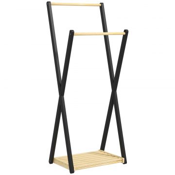 Cuier de Podea din Lemn cu 2 Bare, Suport pentru Haine Autoportant Modern cu Raft Inferior, 61x45x152 cm, Natural