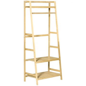 Cuier de Podea din Lemn de Bambus, Suport pentru Haine cu Rafturi pentru Hol si Dormitor, 70x42x164cm