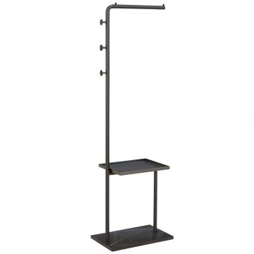 Cuier de Podea in Forma de C cu 3 Carlige, Baza din piatra si Picioare Antiderapante, 45x28x148 cm, Negru