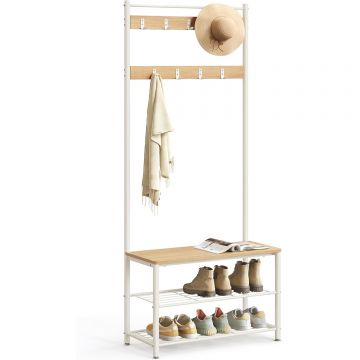 Cuier hol 3 in 1 cu banca si raft pantofi, cadru metalic si PAL, 70x32x177 cm, stejar si crem